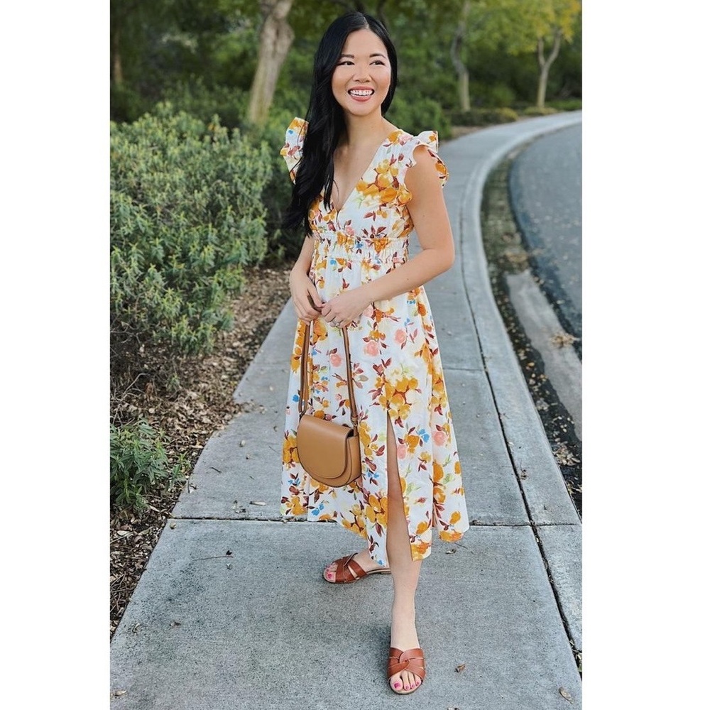 Abercrombie & Fitch Flutter Sleeve Tiered Midi Dress in Yellow Floral Size Large - Picture 14 of 15